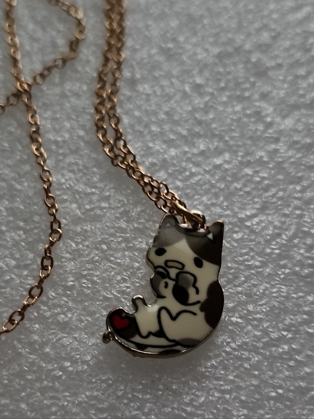 Hand Crafted Gold Cat Enamel Pendant Necklace with Black, White & Red Accents